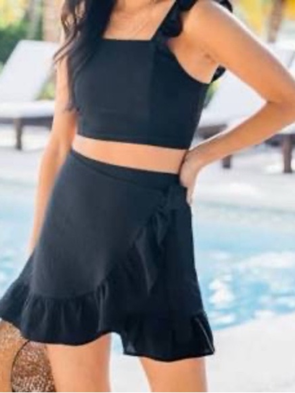 Pink Lily Black Square-Neck Cropped Tank and ruffle skirt 2 pc set- NWOT